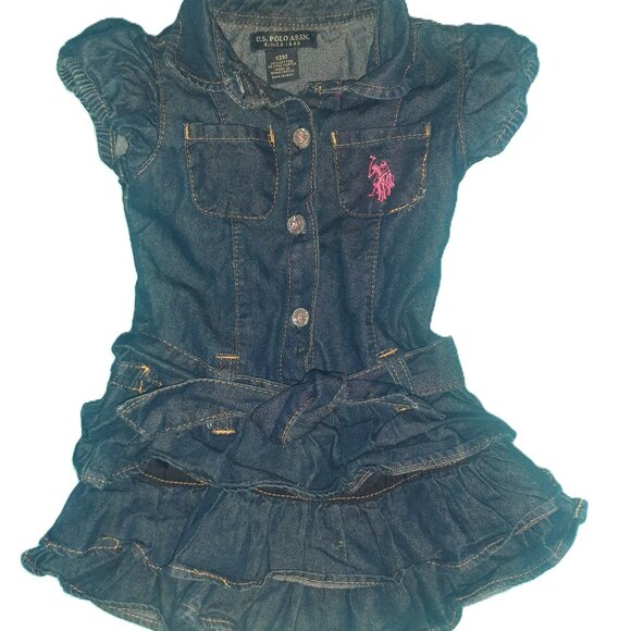 US POLO ASSN DRESS DENIM RUFFLED SPARKLE BUTTONS SUMMER SPRING-GIRLS SIZE 12M - Picture 1 of 3